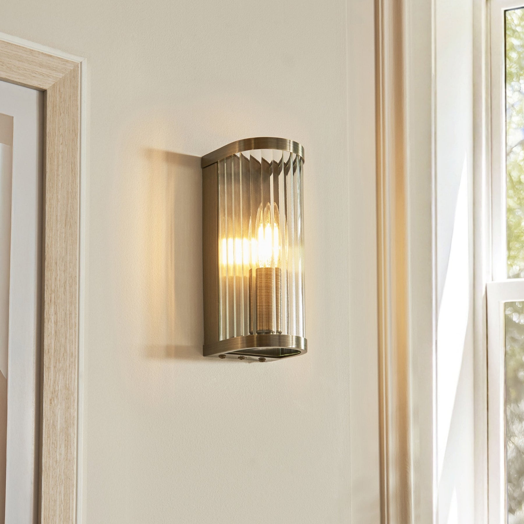 Endon 118596 Ridgeton Wall Light Antique Brass Plate & Clear Ribbed ...