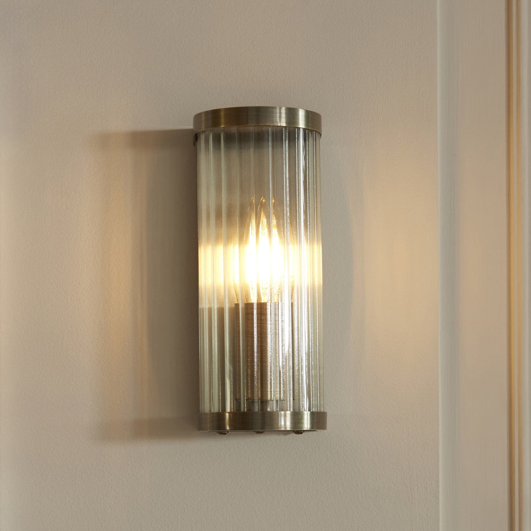 Endon 118596 Ridgeton Wall Light Antique Brass Plate & Clear Ribbed Glass