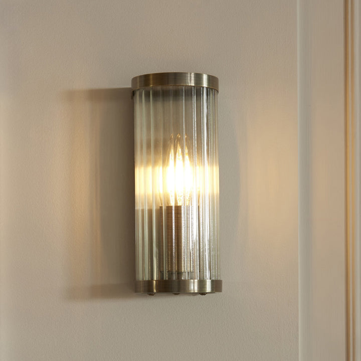 Endon 118596 Ridgeton Wall Light Antique Brass Plate & Clear Ribbed Glass