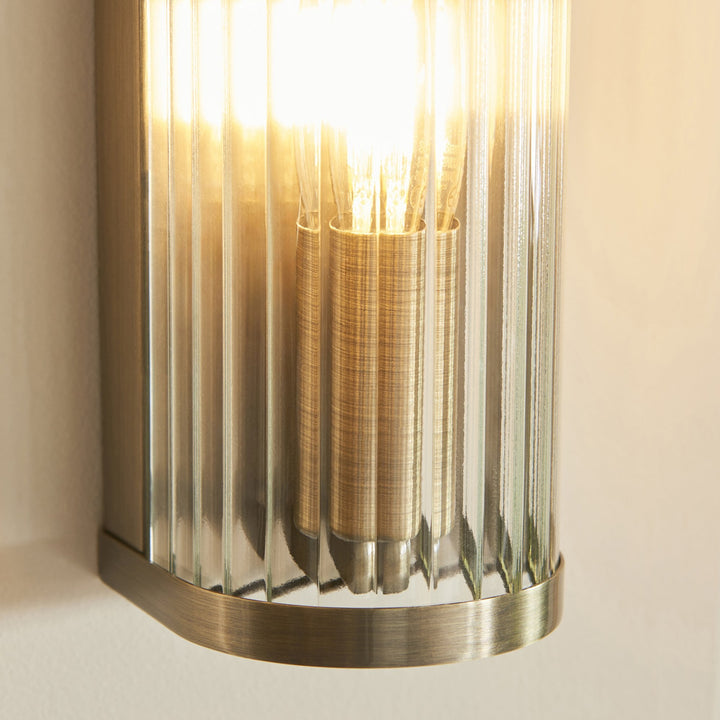 Endon 118596 Ridgeton Wall Light Antique Brass Plate & Clear Ribbed Glass