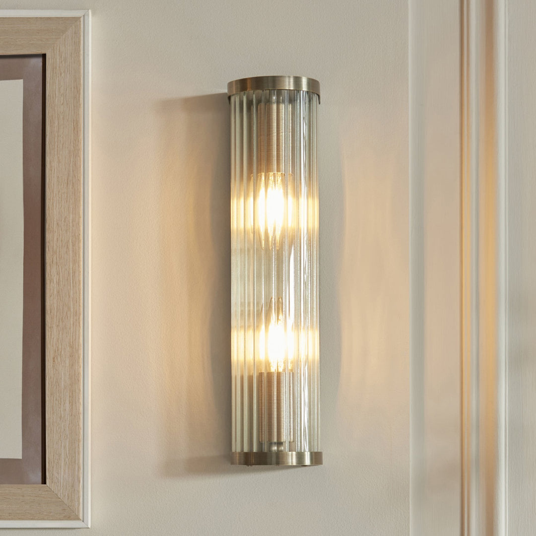 Endon 118597 Ridgeton 2 Light Wall Light Antique Brass Plate & Clear Ribbed Glass