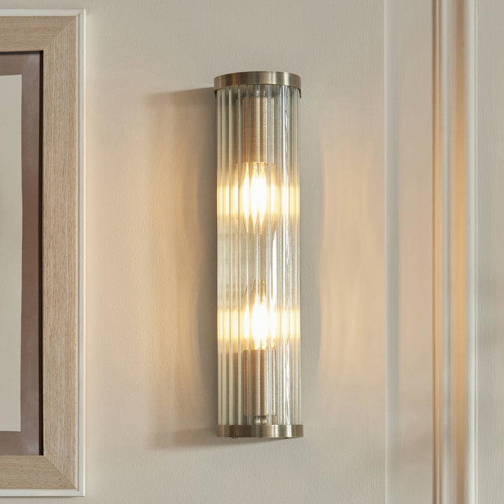 Endon 118597 Ridgeton 2 Light Wall Light Antique Brass Plate & Clear Ribbed Glass