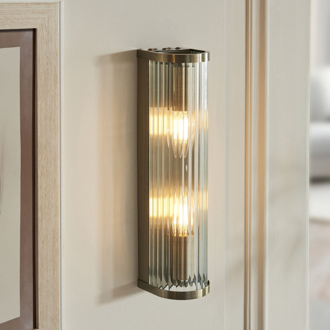 Endon 118597 Ridgeton 2 Light Wall Light Antique Brass Plate & Clear Ribbed Glass