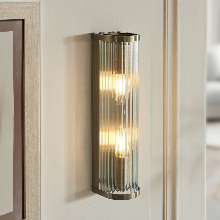 Endon 118597 Ridgeton 2 Light Wall Light Antique Brass Plate & Clear Ribbed Glass