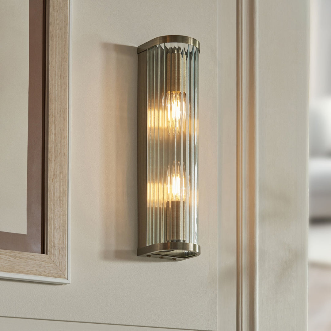 Endon 118597 Ridgeton 2 Light Wall Light Antique Brass Plate & Clear Ribbed Glass