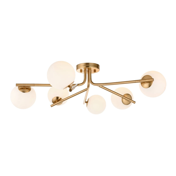 Endon 118651 Aaron 6 Light Semi Flush Ceiling Light Brushed Aged Brass Plate & Matt Opal Glass