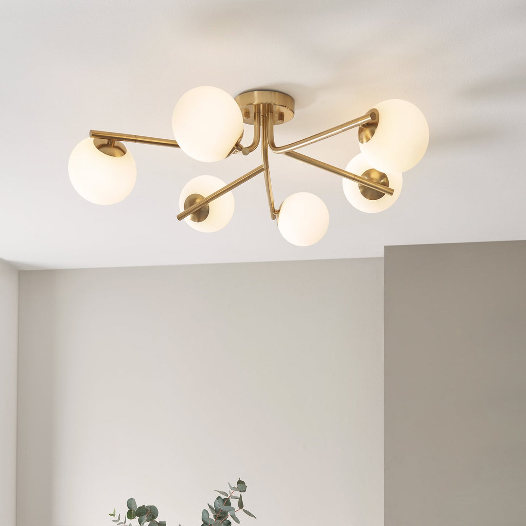 Endon 118651 Aaron 6 Light Semi Flush Ceiling Light Brushed Aged Brass Plate & Matt Opal Glass