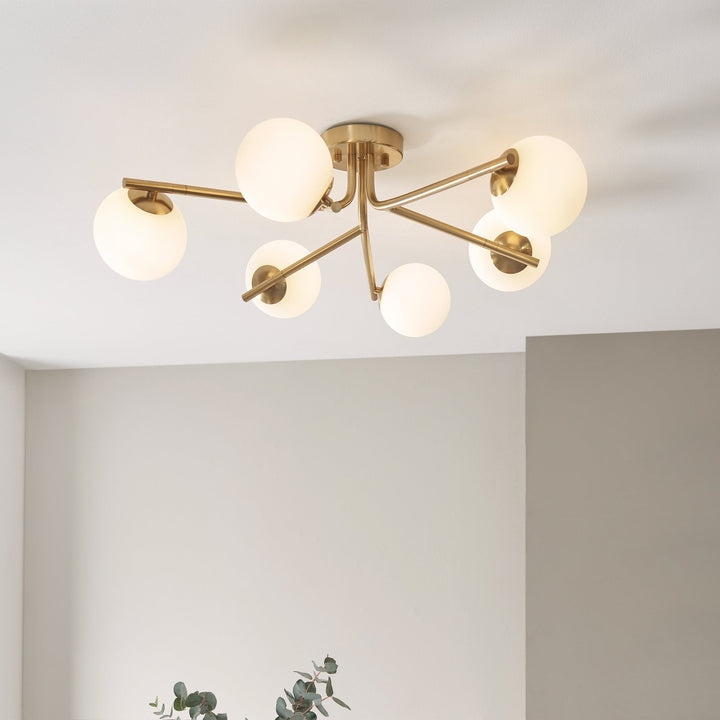 Endon 118651 Aaron 6 Light Semi Flush Ceiling Light Brushed Aged Brass Plate & Matt Opal Glass