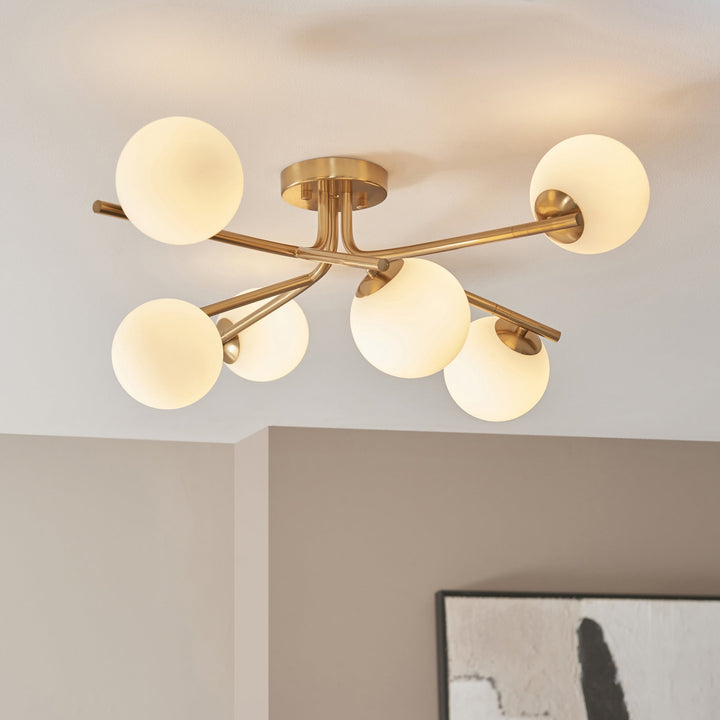 Endon 118651 Aaron 6 Light Semi Flush Ceiling Light Brushed Aged Brass Plate & Matt Opal Glass