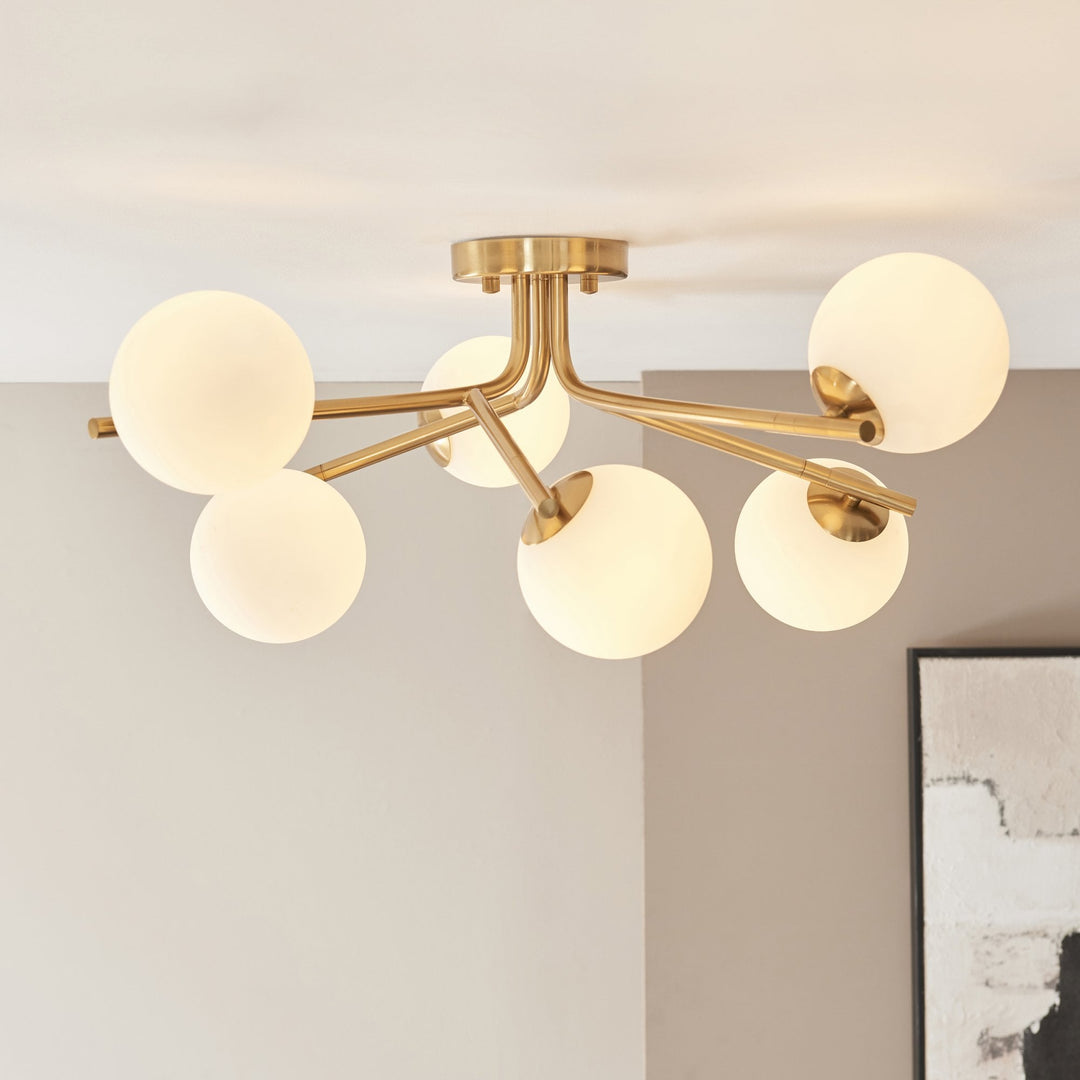 Endon 118651 Aaron 6 Light Semi Flush Ceiling Light Brushed Aged Brass Plate & Matt Opal Glass