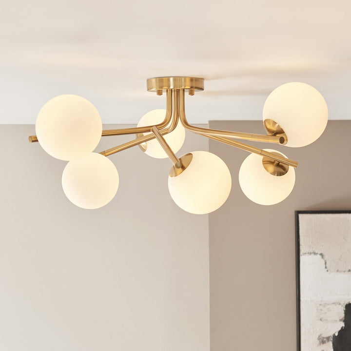 Endon 118651 Aaron 6 Light Semi Flush Ceiling Light Brushed Aged Brass Plate & Matt Opal Glass