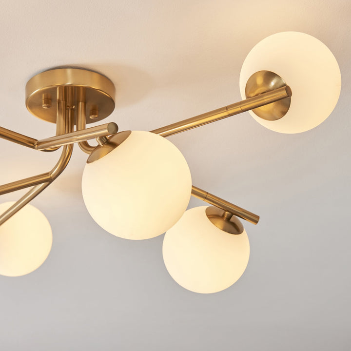 Endon 118651 Aaron 6 Light Semi Flush Ceiling Light Brushed Aged Brass Plate & Matt Opal Glass