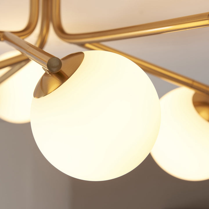 Endon 118651 Aaron 6 Light Semi Flush Ceiling Light Brushed Aged Brass Plate & Matt Opal Glass
