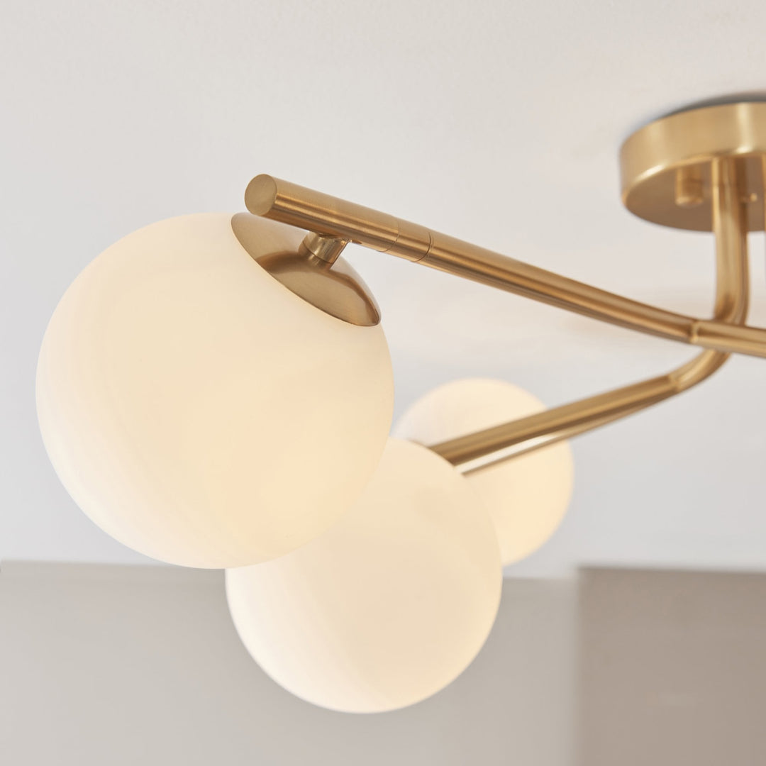 Endon 118651 Aaron 6 Light Semi Flush Ceiling Light Brushed Aged Brass Plate & Matt Opal Glass