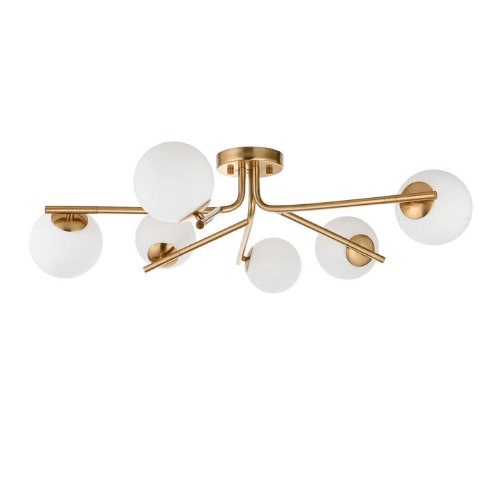 Endon 118651 Aaron 6 Light Semi Flush Ceiling Light Brushed Aged Brass Plate & Matt Opal Glass