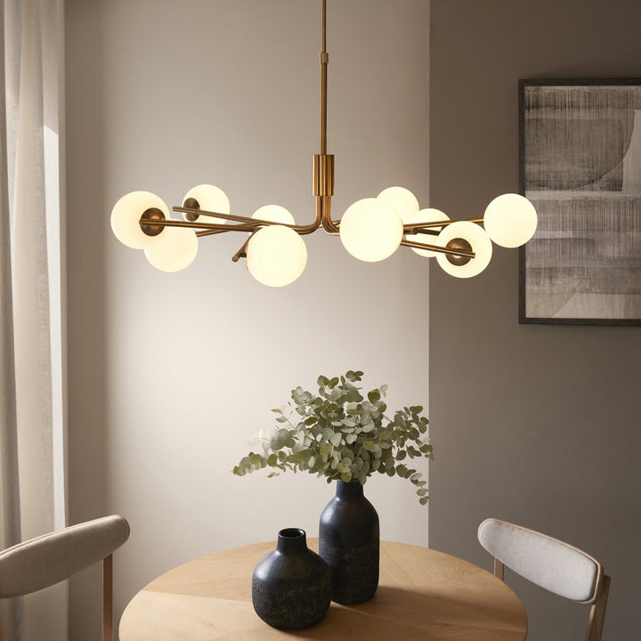 Endon 118652 Aaron 10 Light Pendant Brushed Aged Brass Plate & Matt Opal Glass