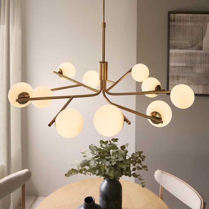 Endon 118652 Aaron 10 Light Pendant Brushed Aged Brass Plate & Matt Opal Glass