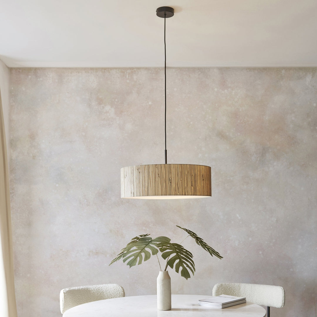 Endon 118672 Longshore 3 Light Pendant Natural Seagrass, Matt Black & White Fabric