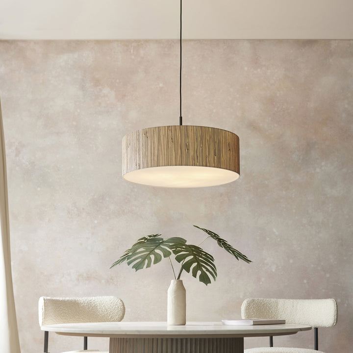 Endon 118672 Longshore 3 Light Pendant Natural Seagrass, Matt Black & White Fabric