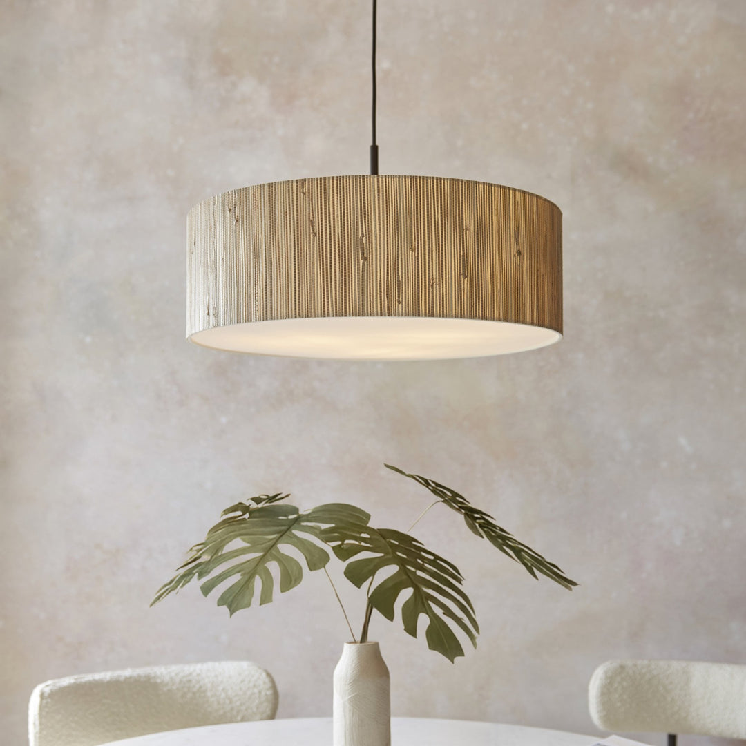 Endon 118672 Longshore 3 Light Pendant Natural Seagrass, Matt Black & White Fabric