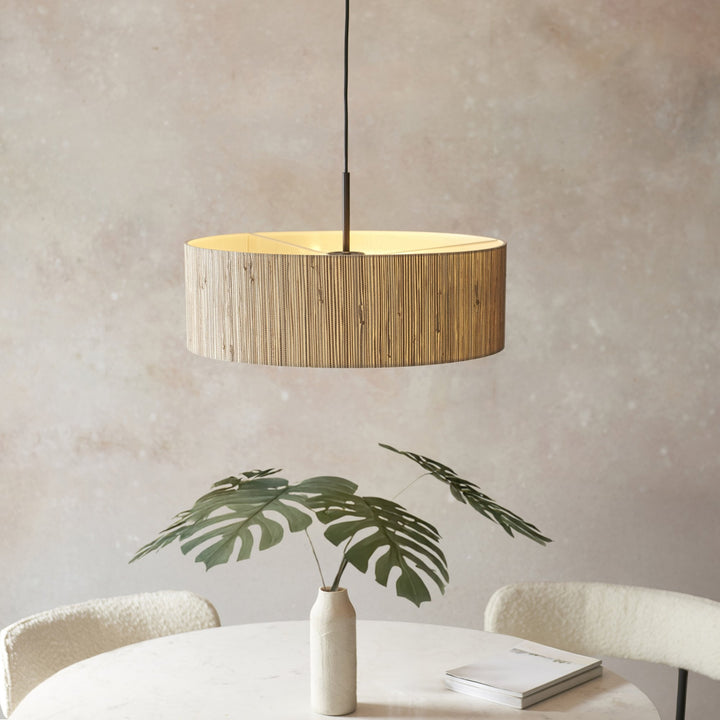 Endon 118672 Longshore 3 Light Pendant Natural Seagrass, Matt Black & White Fabric