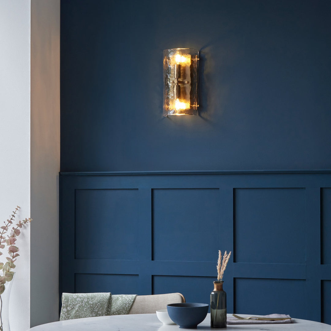 Endon 118673 Keller 2 Light Wall Light Brushed Aged Brass Plate & Handmade Textured Clear Glass