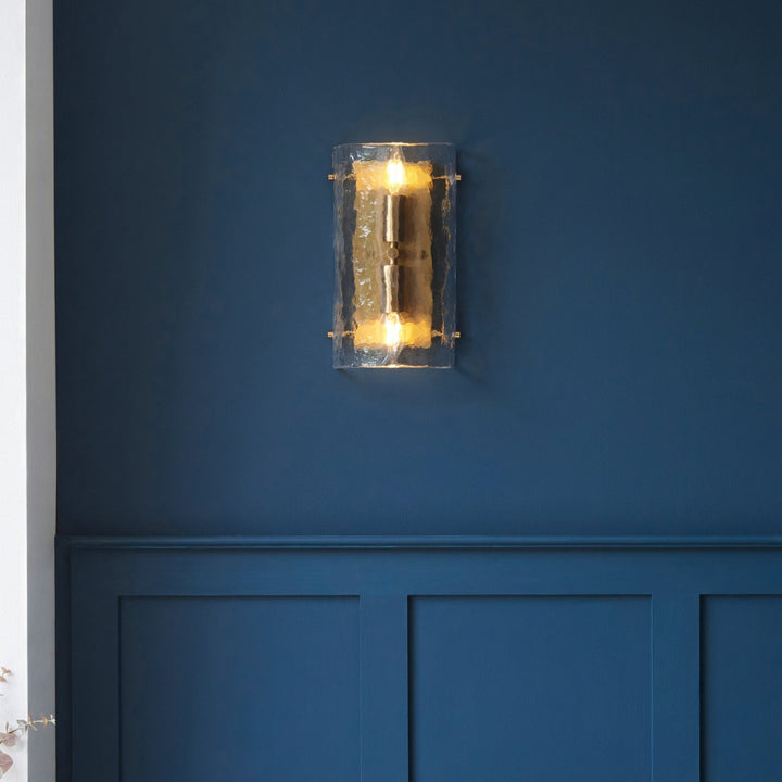 Endon 118673 Keller 2 Light Wall Light Brushed Aged Brass Plate & Handmade Textured Clear Glass