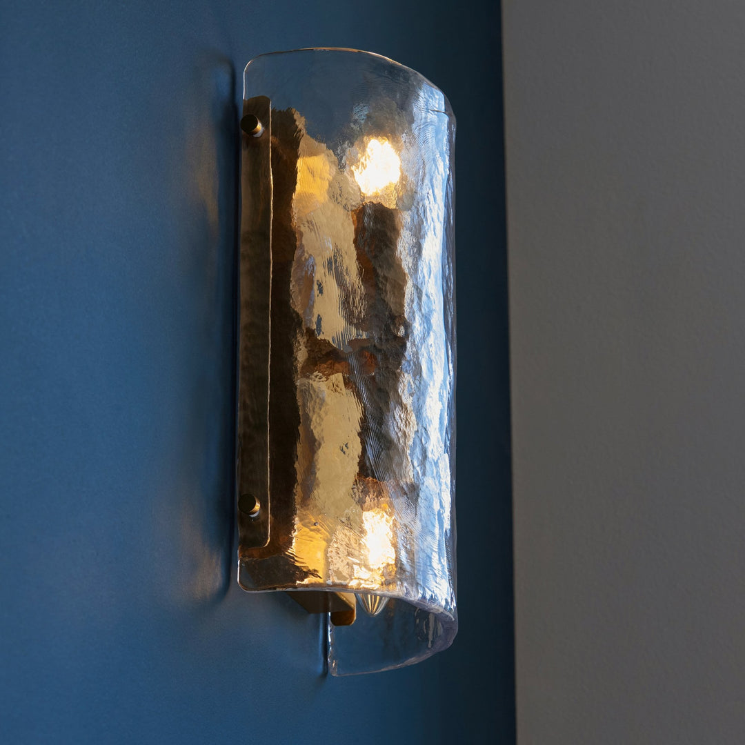 Endon 118673 Keller 2 Light Wall Light Brushed Aged Brass Plate & Handmade Textured Clear Glass
