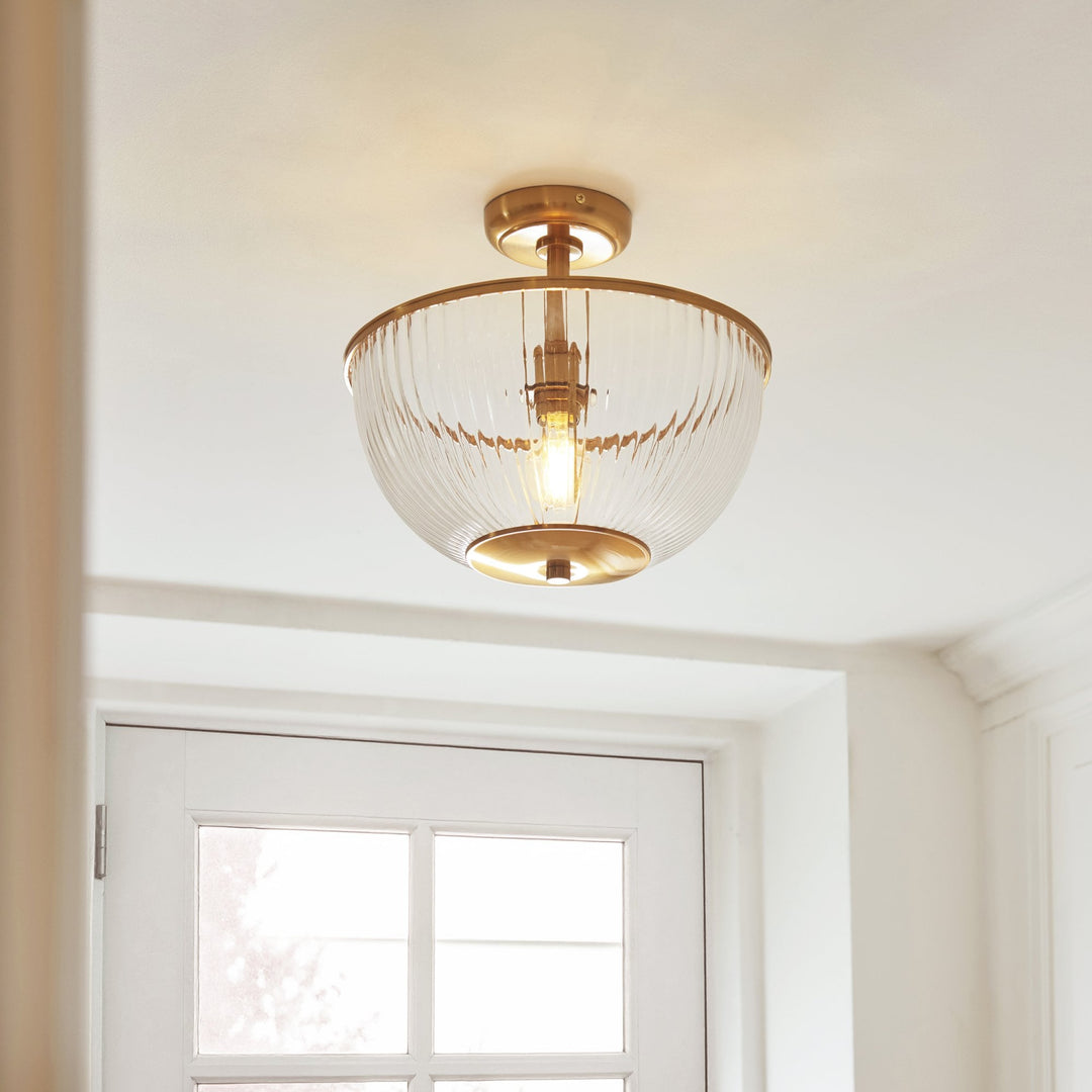 Endon 118750 Somerset Uplighter Flush Vintage Brass Finish & Clear Ribbed Glass