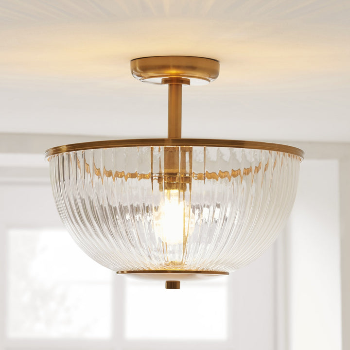Endon 118750 Somerset Uplighter Flush Vintage Brass Finish & Clear Ribbed Glass