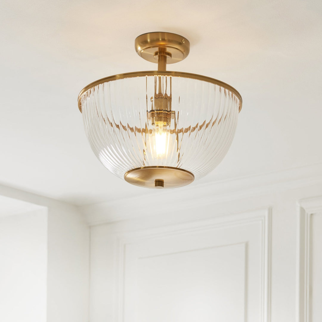 Endon 118750 Somerset Uplighter Flush Vintage Brass Finish & Clear Ribbed Glass