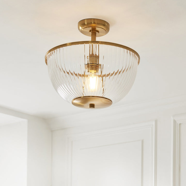 Endon 118750 Somerset Uplighter Flush Vintage Brass Finish & Clear Ribbed Glass