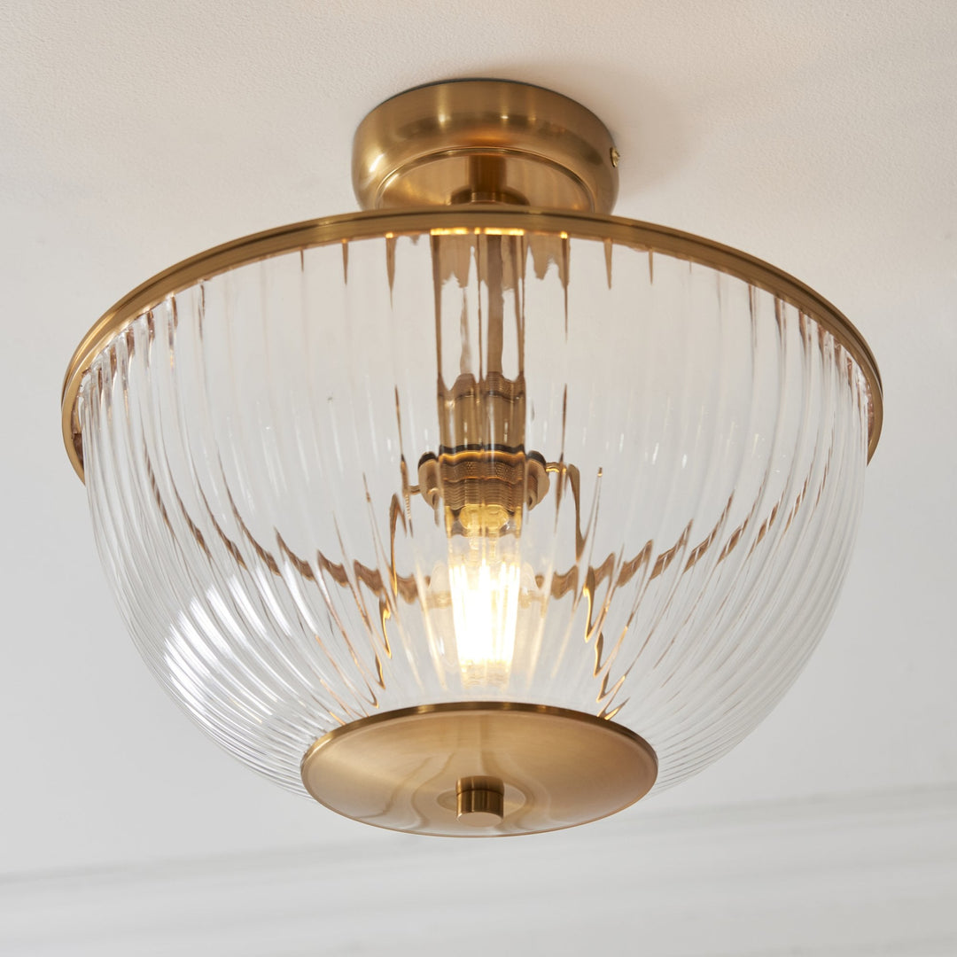 Endon 118750 Somerset Uplighter Flush Vintage Brass Finish & Clear Ribbed Glass