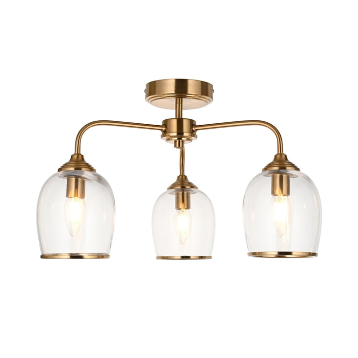 Endon 120616 Ashcroft 3 Light Semi Flush Ceiling Light Brushed Aged Brass Plate & Clear Glass