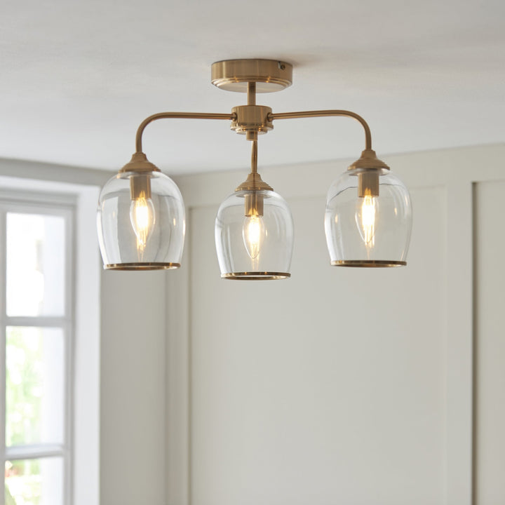 Endon 120616 Ashcroft 3 Light Semi Flush Ceiling Light Brushed Aged Brass Plate & Clear Glass