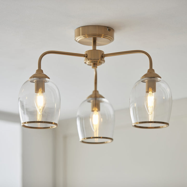 Endon 120616 Ashcroft 3 Light Semi Flush Ceiling Light Brushed Aged Brass Plate & Clear Glass