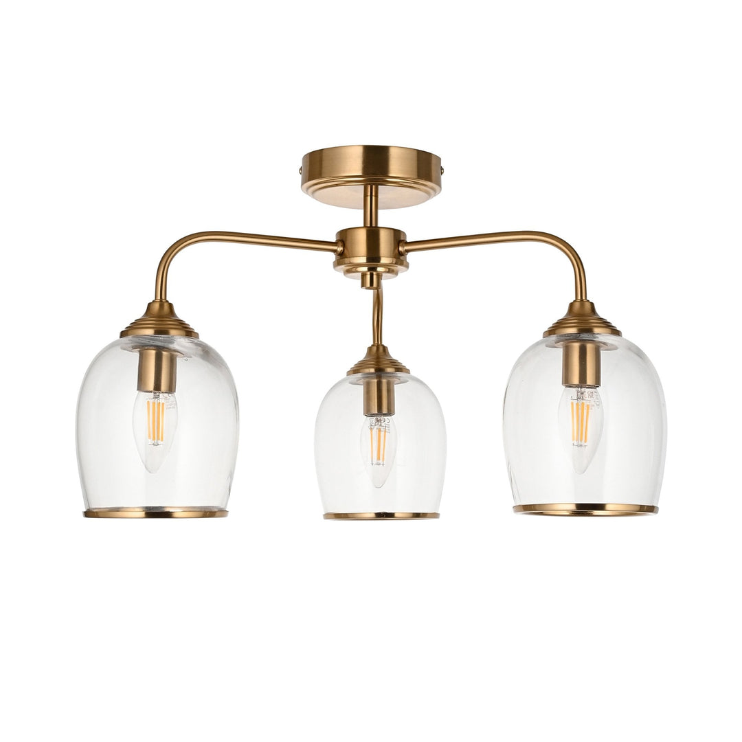 Endon 120616 Ashcroft 3 Light Semi Flush Ceiling Light Brushed Aged Brass Plate & Clear Glass