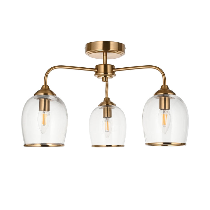 Endon 120616 Ashcroft 3 Light Semi Flush Ceiling Light Brushed Aged Brass Plate & Clear Glass