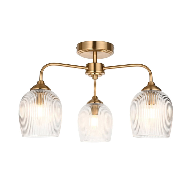 Endon 120617 Ashcroft Ribbed 3 Light Semi Flush Ceiling Light Brushed Aged Brass Plate & Clear Ribbed Glass
