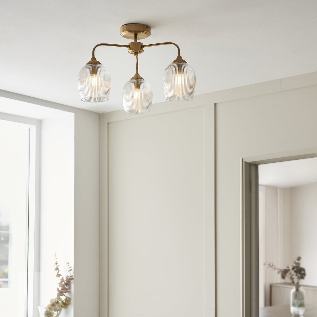 Endon 120617 Ashcroft Ribbed 3 Light Semi Flush Ceiling Light Brushed Aged Brass Plate & Clear Ribbed Glass