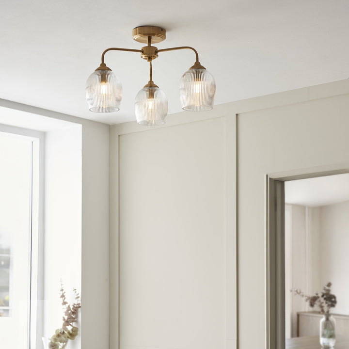 Endon 120617 Ashcroft Ribbed 3 Light Semi Flush Ceiling Light Brushed Aged Brass Plate & Clear Ribbed Glass