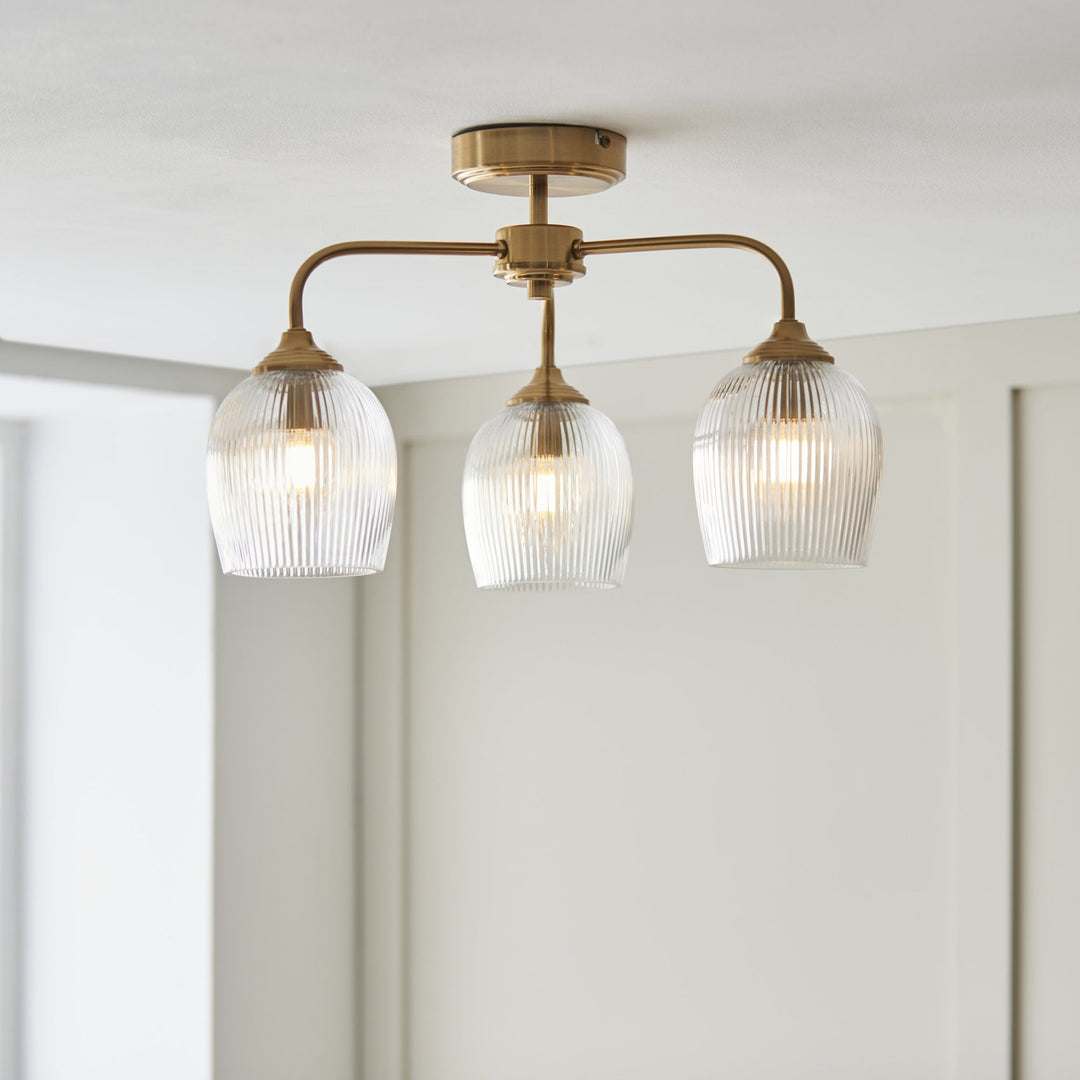 Endon 120617 Ashcroft Ribbed 3 Light Semi Flush Ceiling Light Brushed Aged Brass Plate & Clear Ribbed Glass