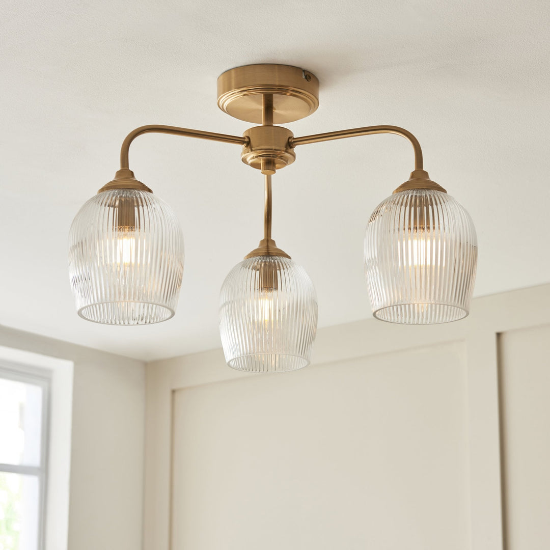 Endon 120617 Ashcroft Ribbed 3 Light Semi Flush Ceiling Light Brushed Aged Brass Plate & Clear Ribbed Glass