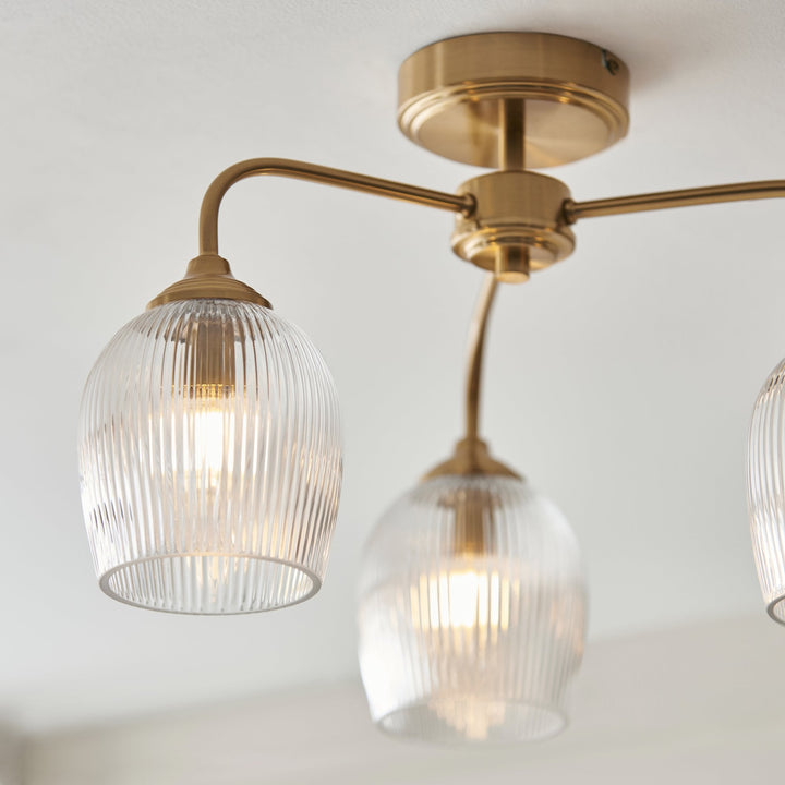 Endon 120617 Ashcroft Ribbed 3 Light Semi Flush Ceiling Light Brushed Aged Brass Plate & Clear Ribbed Glass