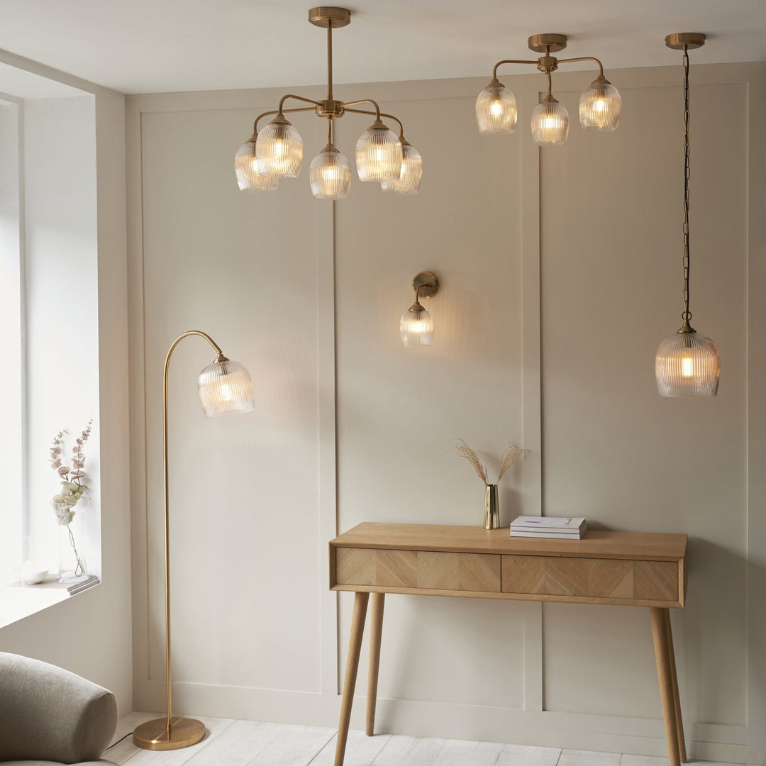 Endon 120617 Ashcroft Ribbed 3 Light Semi Flush Ceiling Light Brushed Aged Brass Plate & Clear Ribbed Glass