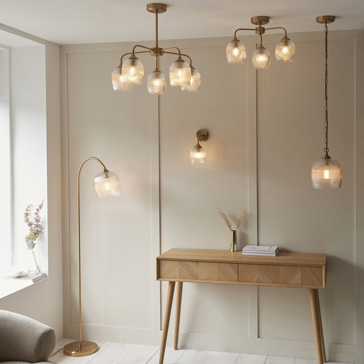 Endon 120617 Ashcroft Ribbed 3 Light Semi Flush Ceiling Light Brushed Aged Brass Plate & Clear Ribbed Glass