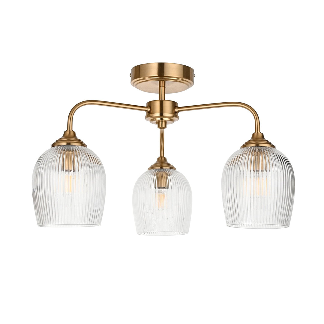 Endon 120617 Ashcroft Ribbed 3 Light Semi Flush Ceiling Light Brushed Aged Brass Plate & Clear Ribbed Glass
