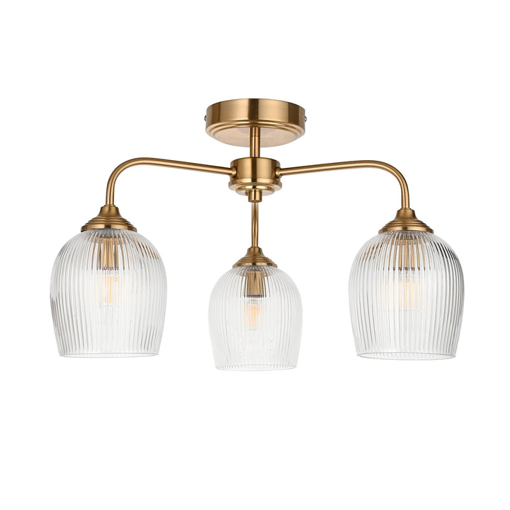 Endon 120617 Ashcroft Ribbed 3 Light Semi Flush Ceiling Light Brushed Aged Brass Plate & Clear Ribbed Glass