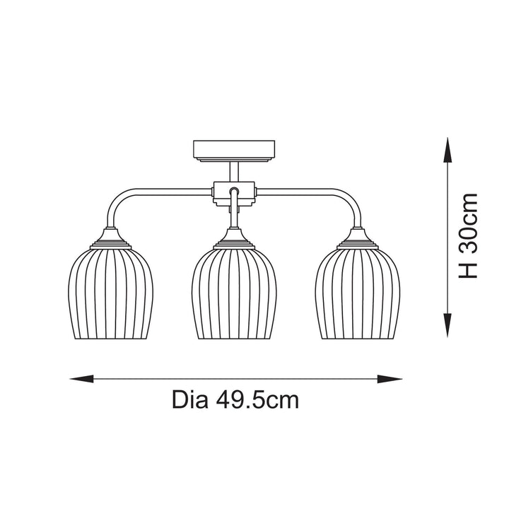 Endon 120617 Ashcroft Ribbed 3 Light Semi Flush Ceiling Light Brushed Aged Brass Plate & Clear Ribbed Glass