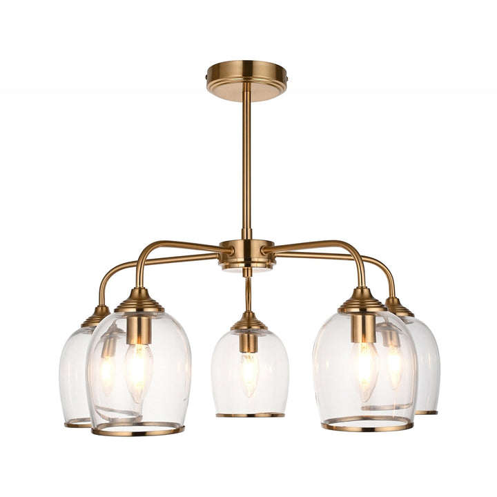 Endon 120618 Ashcroft 5 Light Pendant Brushed Aged Brass Plate & Clear Glass
